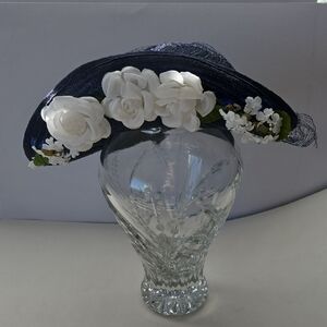 Vintage Mid-Century Dark Blue Ladies Hat With White Flowers On Up-turned Rim